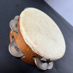 Vintage ANTIQUE  TAMBOURINE HANDMADE WOOD AND ANIMAL SKIN 6.5''